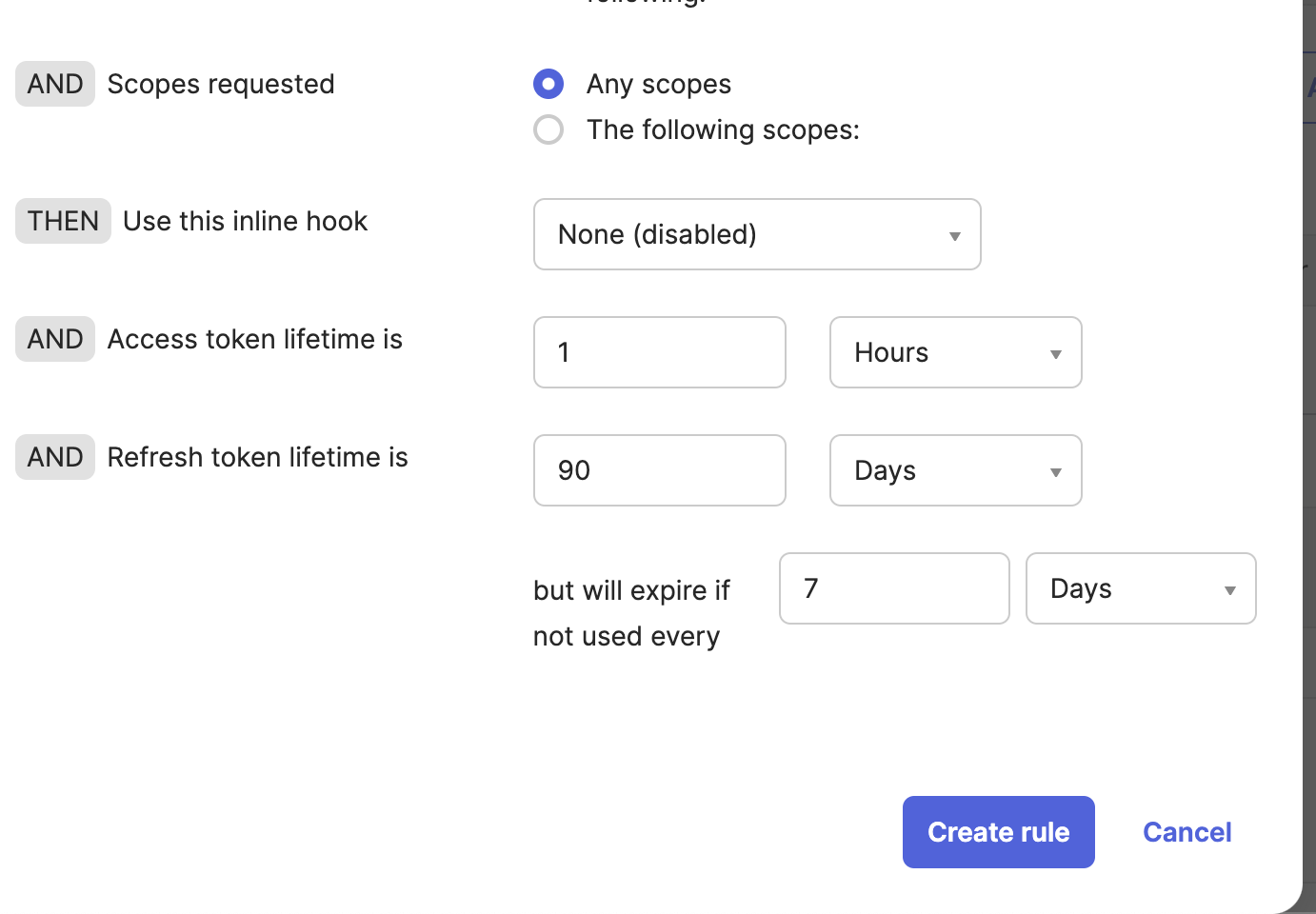 Token lifetime settings in the API rule window.