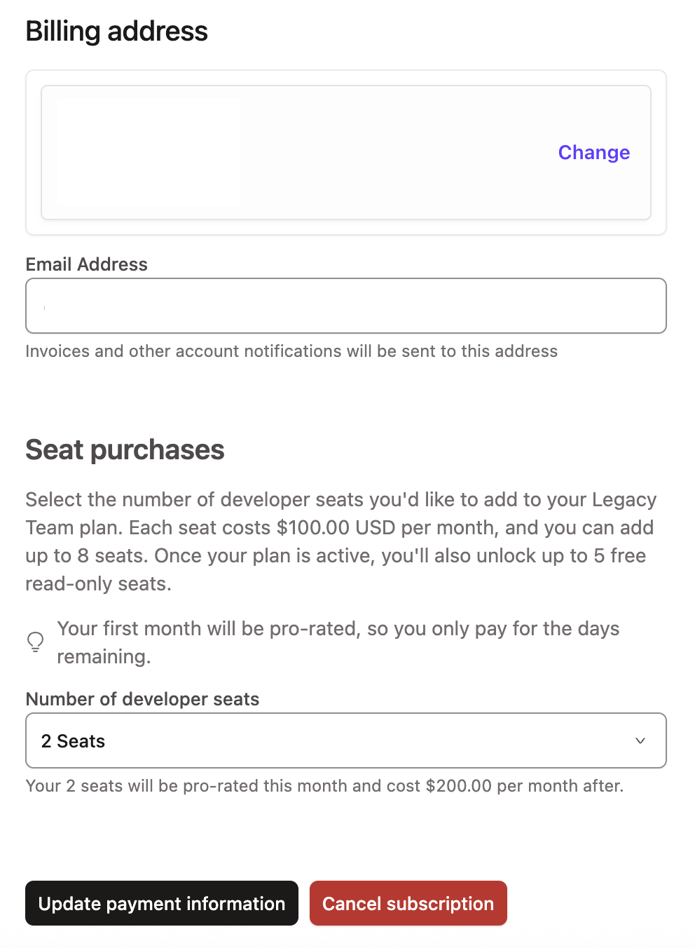 Navigate to Account settings -> Billing to modify billing seat count