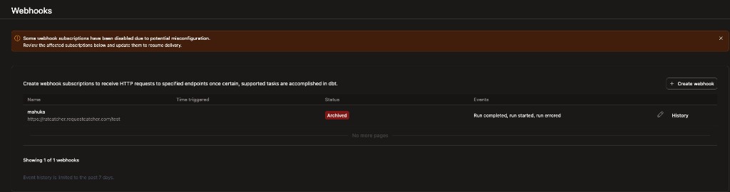 Webhooks page showing the disabled subscription warning banner and Archived status badge